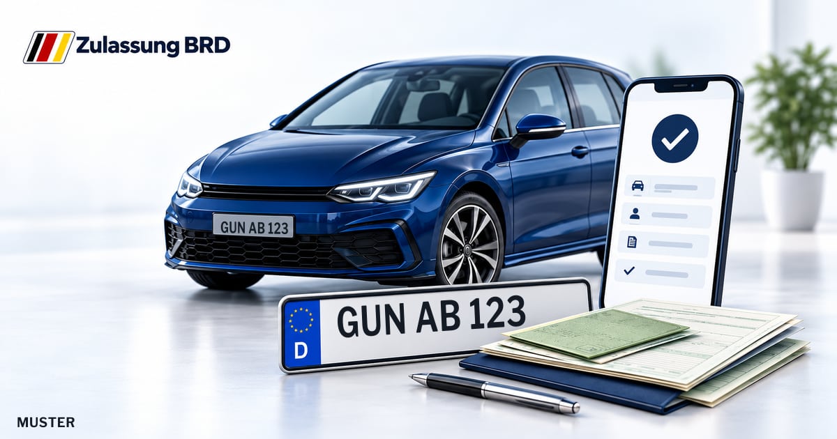 Online Fahrzeugzulassung in Weißenburg: Musterkennzeichen GUN AB 123, Auto und Fahrzeugpapiere und Smartphone. Illustration mit Logo von Zulassung BRD.